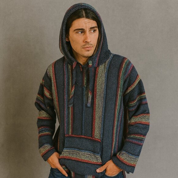 Unbranded Other - Unbranded M Blue Rainbow Stripe Baja Hoodie Pullover Hippie Grunge Surf Poncho